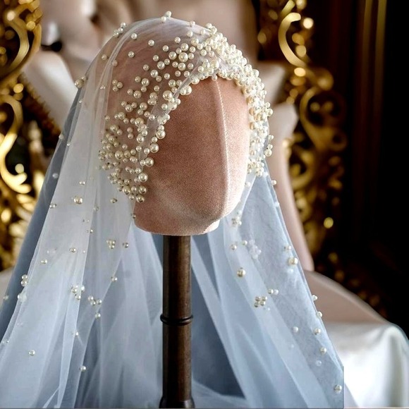 Molliwater Accessories - New Pearl 2 Layer Bridal Veil Hijab Scarf Hair Cover Wedding Bridal Ivory Beaded